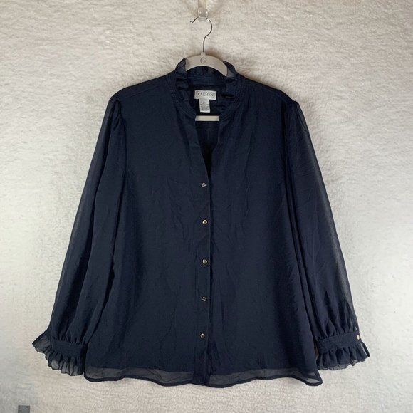 Carmen Marc Valvo Sheer Blouse Womens XL Black Ruffle Sleeve Button Front 7761 - Picture 1 of 5